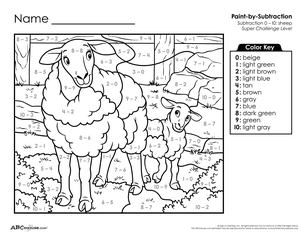 Free printable color by number subtraction worksheet for first grade from ABCmouse.com.