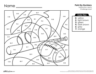 Free printable color by number subtraction worksheet for first grade from ABCmouse.com.