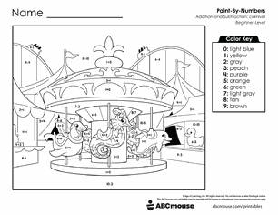 Free printable Addition & Subtraction Carnival Color-by-Number Worksheets for Kindergarten