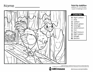 Free printable Addition & Subtraction chicken Color-by-Number Worksheets for Kindergarten