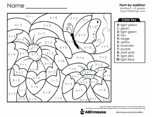 Free printable Addition & Subtraction Butterfly Color-by-Number Worksheets for Kindergarten