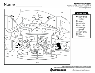 Free printable Addition & Subtraction Carnival Color-by-Number Worksheets for Kindergarten