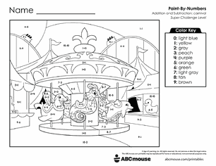 Free printable Addition & Subtraction Carnival Color-by-Number Worksheets for Kindergarten