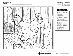 Free printable Addition & Subtraction chicken Color-by-Number Worksheets for Kindergarten