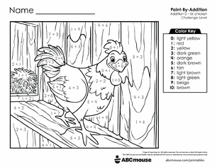 Free printable Addition & Subtraction chicken Color-by-Number Worksheets for Kindergarten