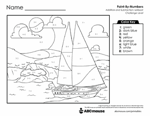 Free printable Addition & Subtraction Boat Color-by-Number Worksheets for Kindergarten