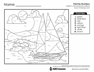 Free printable Addition & Subtraction Boat Color-by-Number Worksheets for Kindergarten
