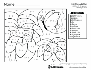 Free printable Addition & Subtraction Butterfly Color-by-Number Worksheets for Kindergarten