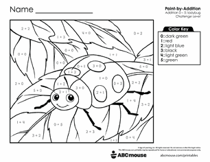 Free printable Addition & Subtraction ladybug Color-by-Number Worksheets for Kindergarten