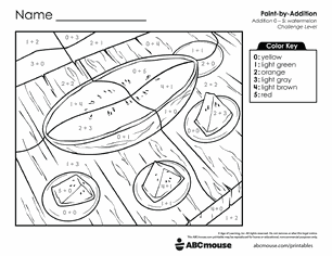 Free printable Addition & Subtraction Watermelon Color-by-Number Worksheets for Kindergarten