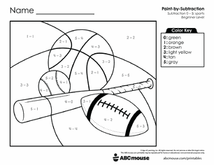 Free printable Addition & Subtraction Sports Color-by-Number Worksheets for Kindergarten