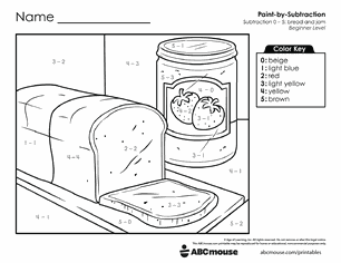 Free printable Addition & Subtraction Bread and Jam Color-by-Number Worksheets for Kindergarten