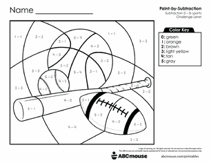 Free printable Addition & Subtraction Sports Color-by-Number Worksheets for Kindergarten