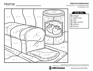 Free printable Addition & Subtraction Bread and Jam Color-by-Number Worksheets for Kindergarten