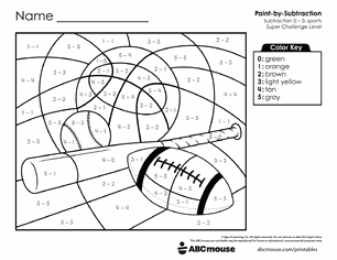 Free printable Addition & Subtraction Sports Color-by-Number Worksheets for Kindergarten
