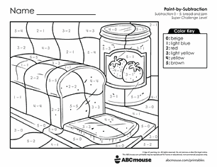 Free printable Addition & Subtraction Bread and Jam Color-by-Number Worksheets for Kindergarten