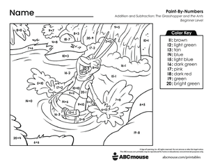 Free printable combined addition and subtraction color by number worksheet for first grade from ABCmouse.com.