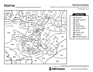 Free printable combined addition and subtraction color by number worksheet for first grade from ABCmouse.com.