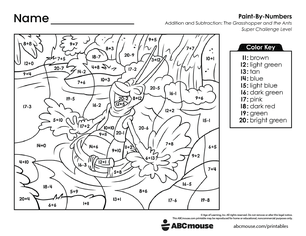 Free printable combined addition and subtraction color by number worksheet for first grade from ABCmouse.com.