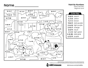 Free printable combined addition and subtraction color by number worksheet for first grade from ABCmouse.com.