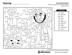 Free printable combined addition and subtraction color by number worksheet for first grade from ABCmouse.com.