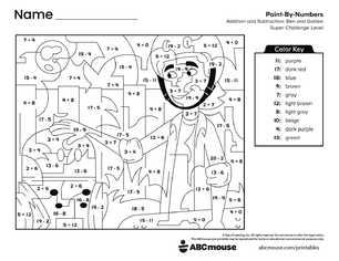 Free printable combined addition and subtraction color by number worksheet for first grade from ABCmouse.com.