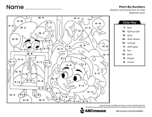Free printable combined addition and subtraction color by number worksheet for first grade from ABCmouse.com.