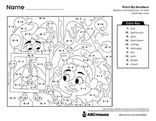 Free printable combined addition and subtraction color by number worksheet for first grade from ABCmouse.com.