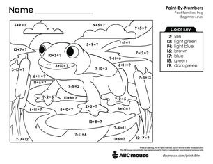 Free printable combined addition and subtraction color by number worksheet for first grade from ABCmouse.com.