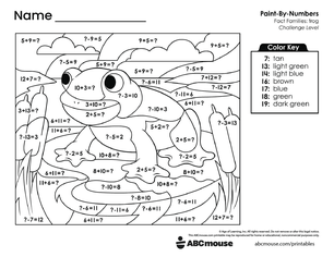 Free printable combined addition and subtraction color by number worksheet for first grade from ABCmouse.com.
