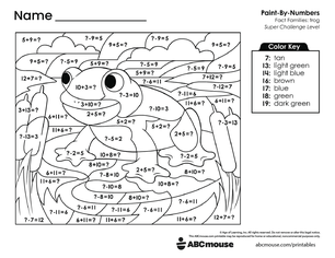 Free printable combined addition and subtraction color by number worksheet for first grade from ABCmouse.com.