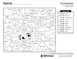Free printable combined addition and subtraction color by number worksheet for first grade from ABCmouse.com.