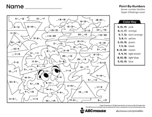 Free printable combined addition and subtraction color by number worksheet for first grade from ABCmouse.com.