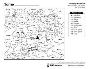 Free printable combined addition and subtraction color by number worksheet for first grade from ABCmouse.com.