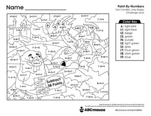 Free printable combined addition and subtraction color by number worksheet for first grade from ABCmouse.com.