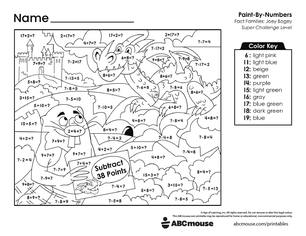 Free printable combined addition and subtraction color by number worksheet for first grade from ABCmouse.com.