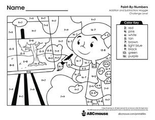 Free printable combined addition and subtraction color by number worksheet for first grade from ABCmouse.com.