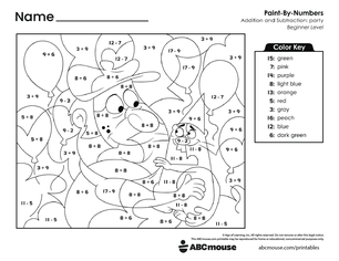 Free printable combined addition and subtraction color by number worksheet for first grade from ABCmouse.com.