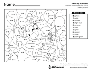 Free printable combined addition and subtraction color by number worksheet for first grade from ABCmouse.com.