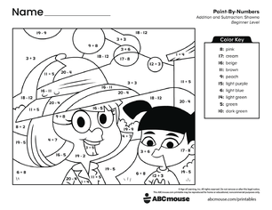 Free printable combined addition and subtraction color by number worksheet for first grade from ABCmouse.com.