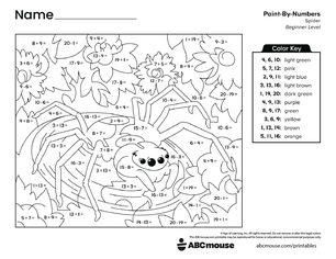 Free printable combined addition and subtraction color by number worksheet for first grade from ABCmouse.com.