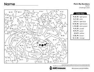 Free printable combined addition and subtraction color by number worksheet for first grade from ABCmouse.com.