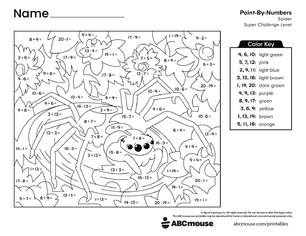 Free printable combined addition and subtraction color by number worksheet for first grade from ABCmouse.com.