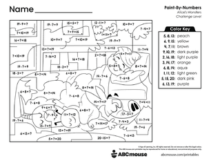Free printable combined addition and subtraction color by number worksheet for first grade from ABCmouse.com.