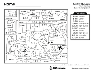 Free printable combined addition and subtraction color by number worksheet for first grade from ABCmouse.com.