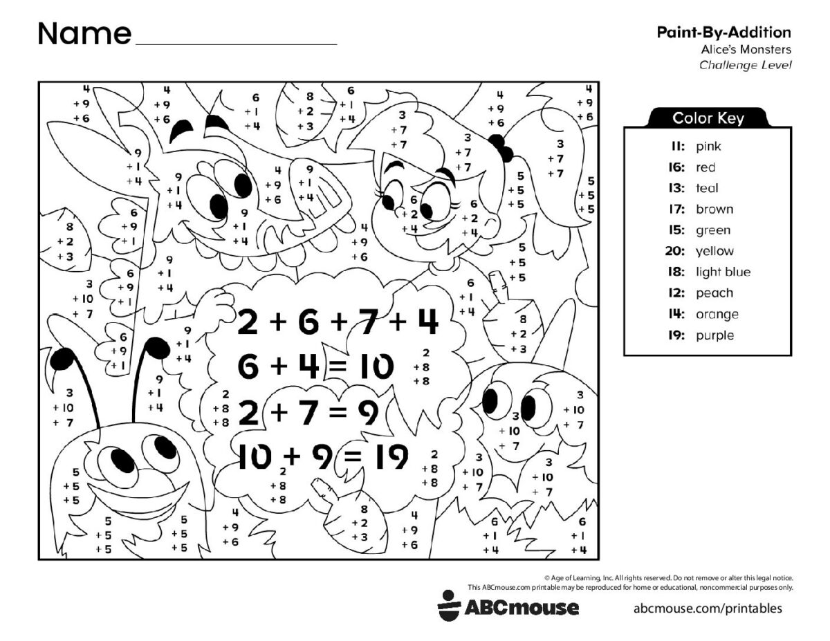Color by Addition Sums Monster-Themed Coloring Page | ABCmouse