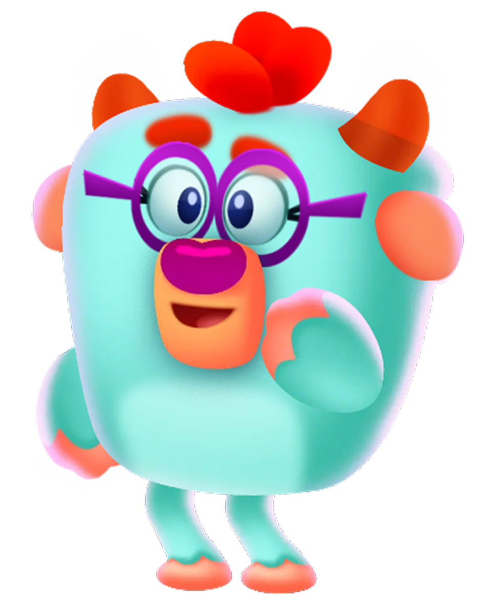 A friendly teal cartoon monster with purple glasses, a pink nose, orange accents, and a cheerful smile, standing and waving.
