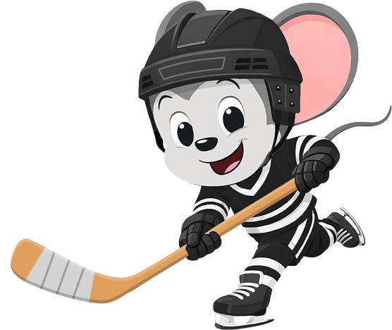 ABC mouse wearing hockey gear and a helmet, skating while holding a hockey stick.