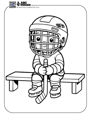 Free printable hockey player sitting on a bench coloring page for kids from ABCmouse.com.