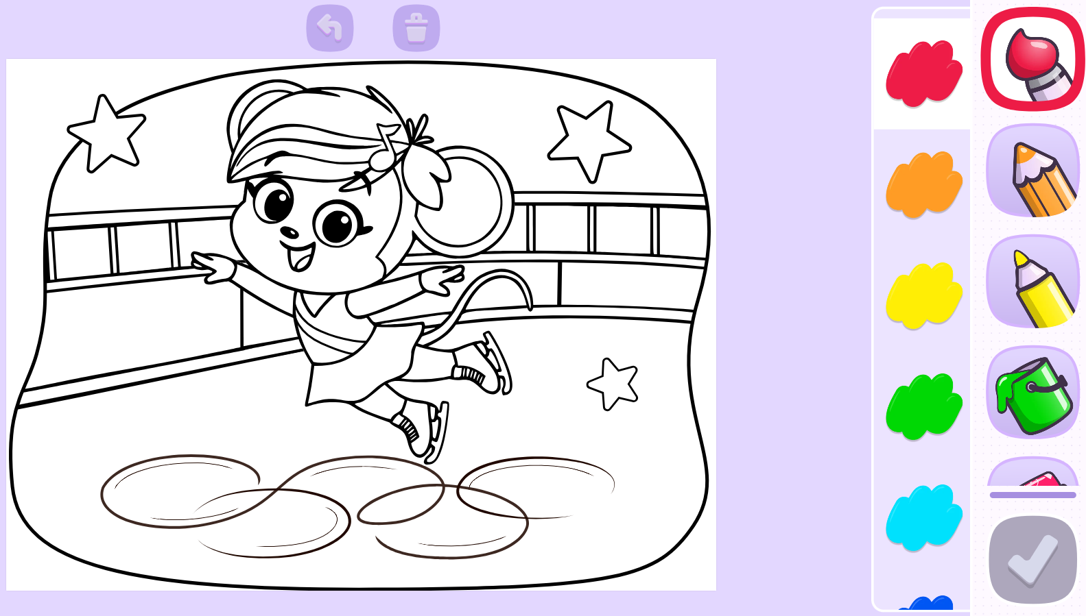Black-and-white coloring page showing a cheerful cartoon mouse ice skating inside an indoor rink, with stars in the background.
